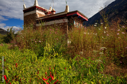 Danba County, Sichuan Province China. Zhonglu Township, Architectural Style of Jiuaju Ancient Tibetan Village. Traditional Tibetan buildings, Suopo towers, beautiful Chinese countryside. Wild West photo