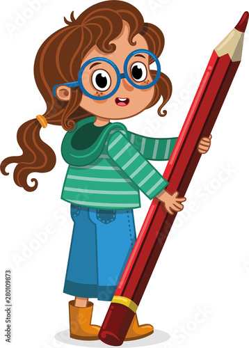 Smart school girl at work with her giant pencil. Vector illustration.