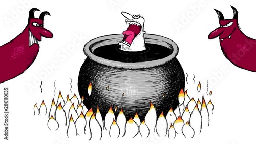 Funny cartoon animation. Bad sinner and two devils. He is boiling in kettle full of hot  tar and screaming. He looks like he fell in hell. He was a bad man and now he has penalty. He's really unhappy. photo