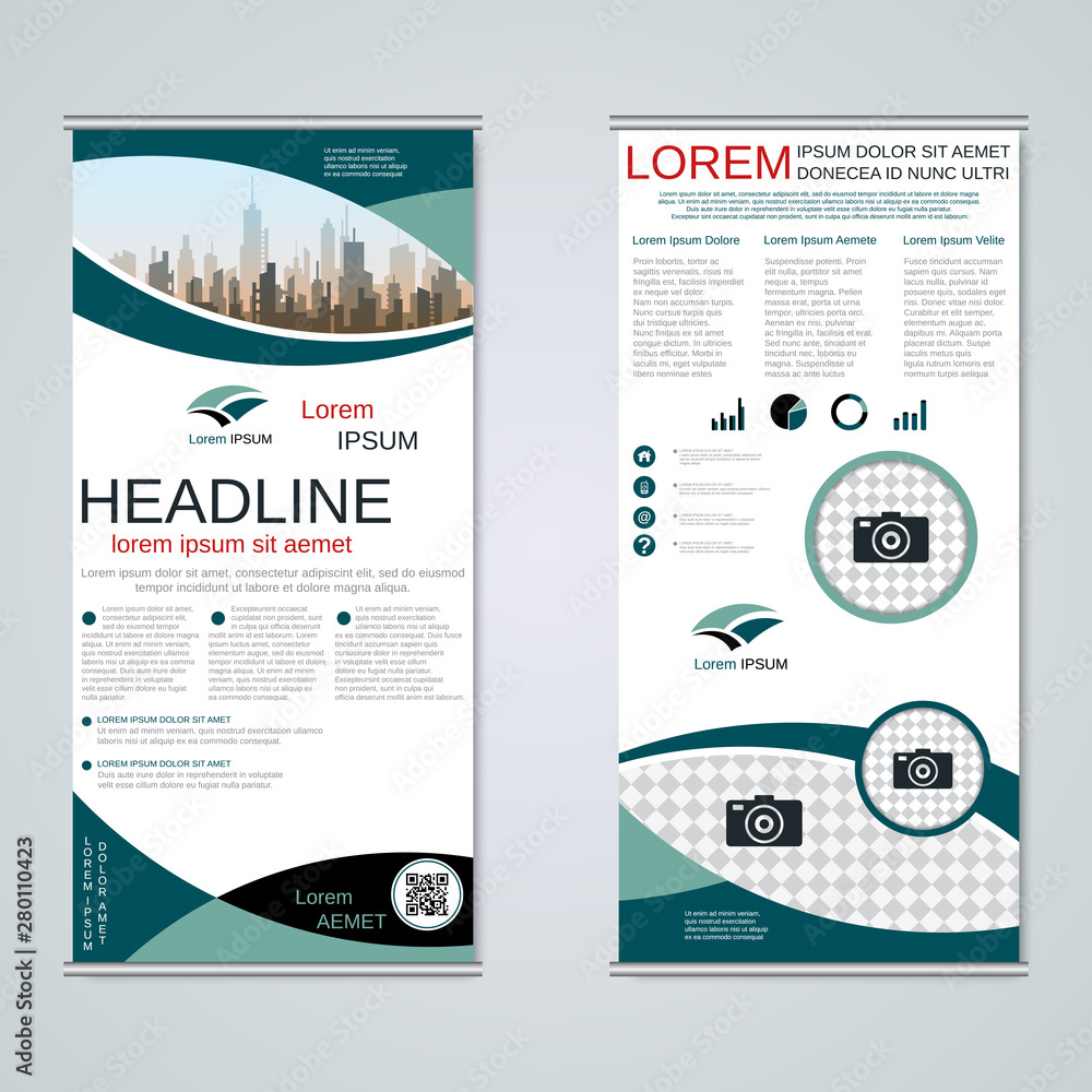 Modern roll-up business banners, two-sided flyer vector design template