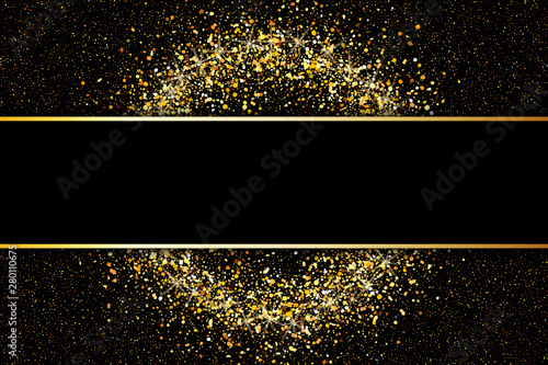 Black background with gold glitter. Illustration of falling shiny particles on dark background. Holiday Decorative element for the card, invitation.