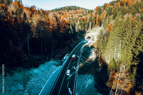 Aerial view of Karaula overpass in Bosnia. Tunnel and road.