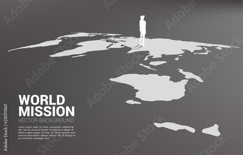 Silhouette of businessman standing on world map. Business Concept of world target mission.