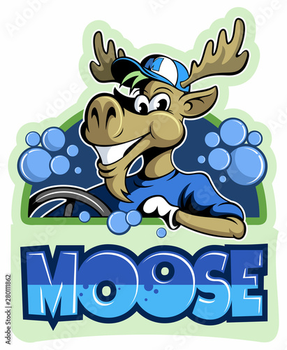 Cartoon style moose character. Funny elk cartoon image, dbehind the wheel.