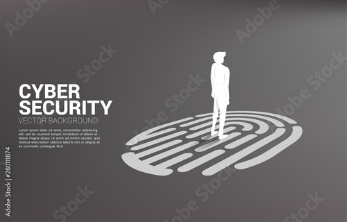 Businessman standing on finger scan icon. Background concept for security and privacy technology on network