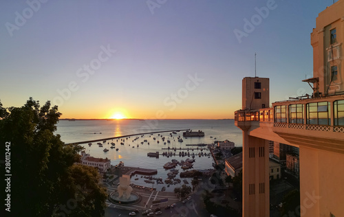 View of Lacerda Elevator with beautiful sunset in Salvador, Bahia, Brazil.