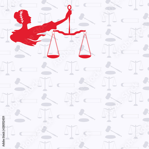 Themis Goddess - icon red - background light with legal symbols - scales of justice, judicial hammer - vector.