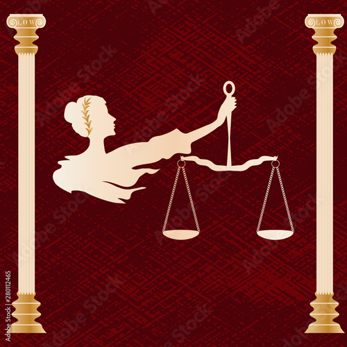 Goddess Themis, scales of justice, Greek columns - gold metal - abstract red grunge background - art, vector.