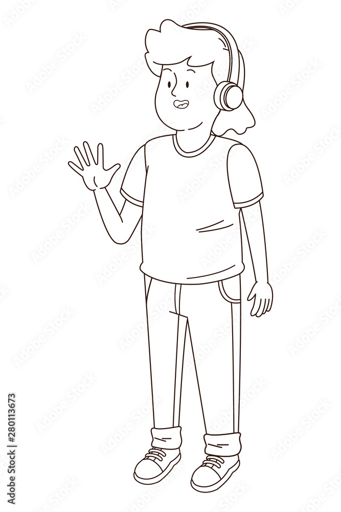Teenager man smiling and greeting cartoon in black and white Teenager man smiling and greeting cartoon in black and white