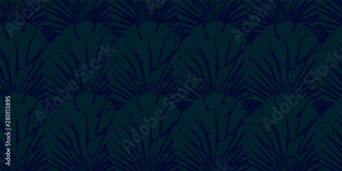 Monstera blue tropical seamless vector pattern with gold monstera's foliage background. Exotic wallpaper