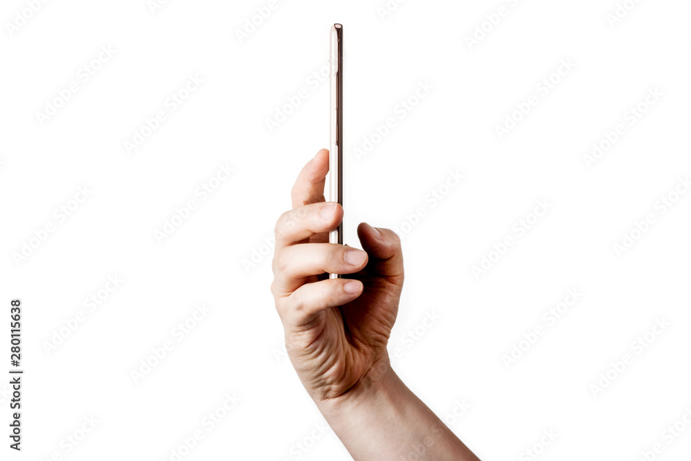 A man hand hold a black smart phone isolated white. A man hand hold a black smart phone isolated white.