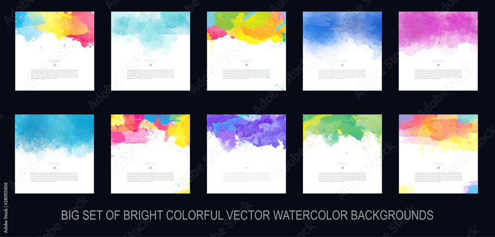 Fototapeta Big set of bright colorful vector watercolor brush background design elements