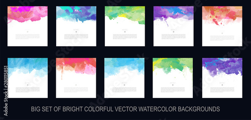 Big set of bright colorful vector watercolor brush background design elements