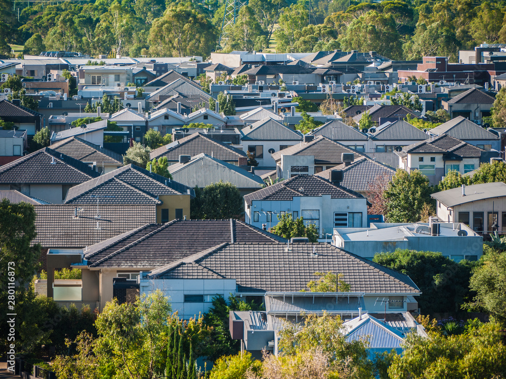 Elevated view of many residential houses in suburb. City of Maribyrnong