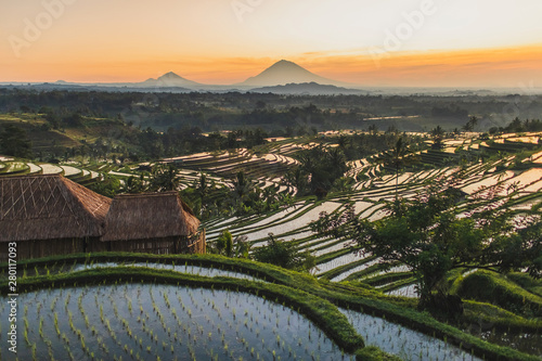 Famous Bali landmark Jatiluwih rice terraces. Beautiful sunrise view of green hills and mount Agung on horizon. Wanderlust concept and nature background.