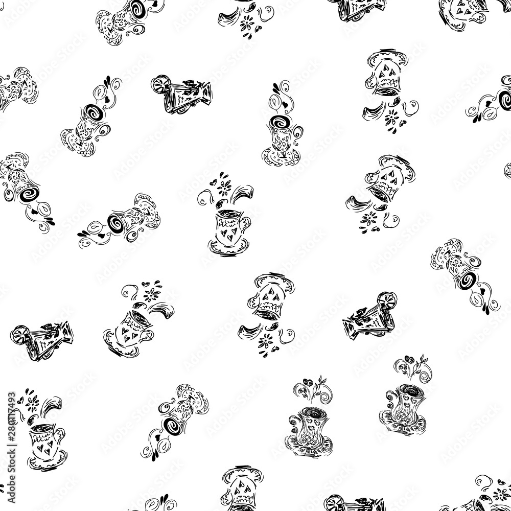 Seamless pattern set of teacups, great design for any purposes. Hand drawn a seamless set pattern of teacup sketch. Coffee outline icon. Steam icon isolated on white background. Coffee mug vector Seamless pattern set of teacups, great design for any purposes. Hand drawn a seamless set pattern of teacup sketch. Coffee outline icon. Steam icon isolated on white background. Coffee mug vector