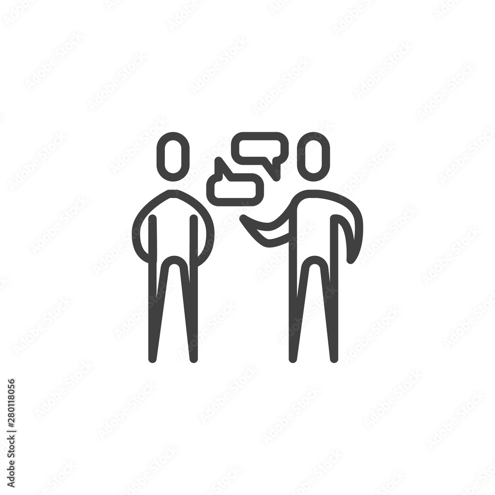 People dialogue line icon. Two people talking linear style sign for mobile concept and web design. Men and speech bubbles outline vector icon. Symbol, logo illustration. Vector graphics People dialogue line icon. Two people talking linear style sign for mobile concept and web design. Men and speech bubbles outline vector icon. Symbol, logo illustration. Vector graphics