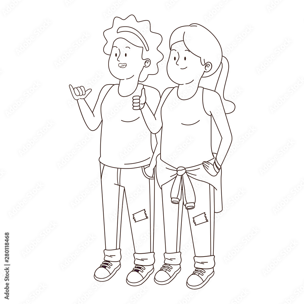 Teenagers friends smiling and greeting in black and white