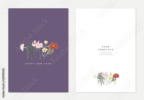 Minimalist botanical new year greeting card template design, daffodil, lily, and paenia lactiflora flowers on purple, vintage style photo