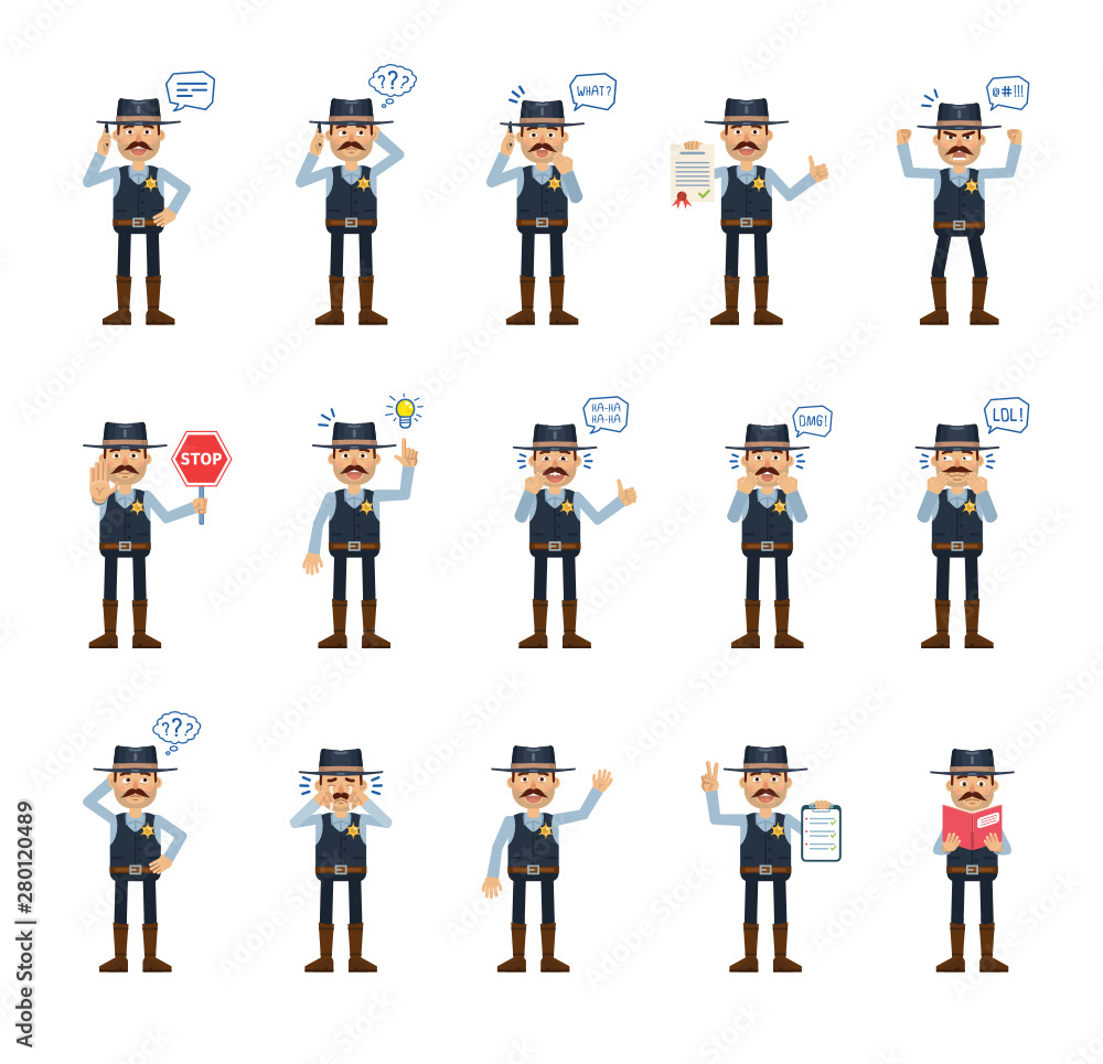 Big set of sheriff characters showing different actions, gestures, emotions. Cheerful cowboy talking on phone, angry, thinking, reading a book and doing other actions. Simple vector illustration