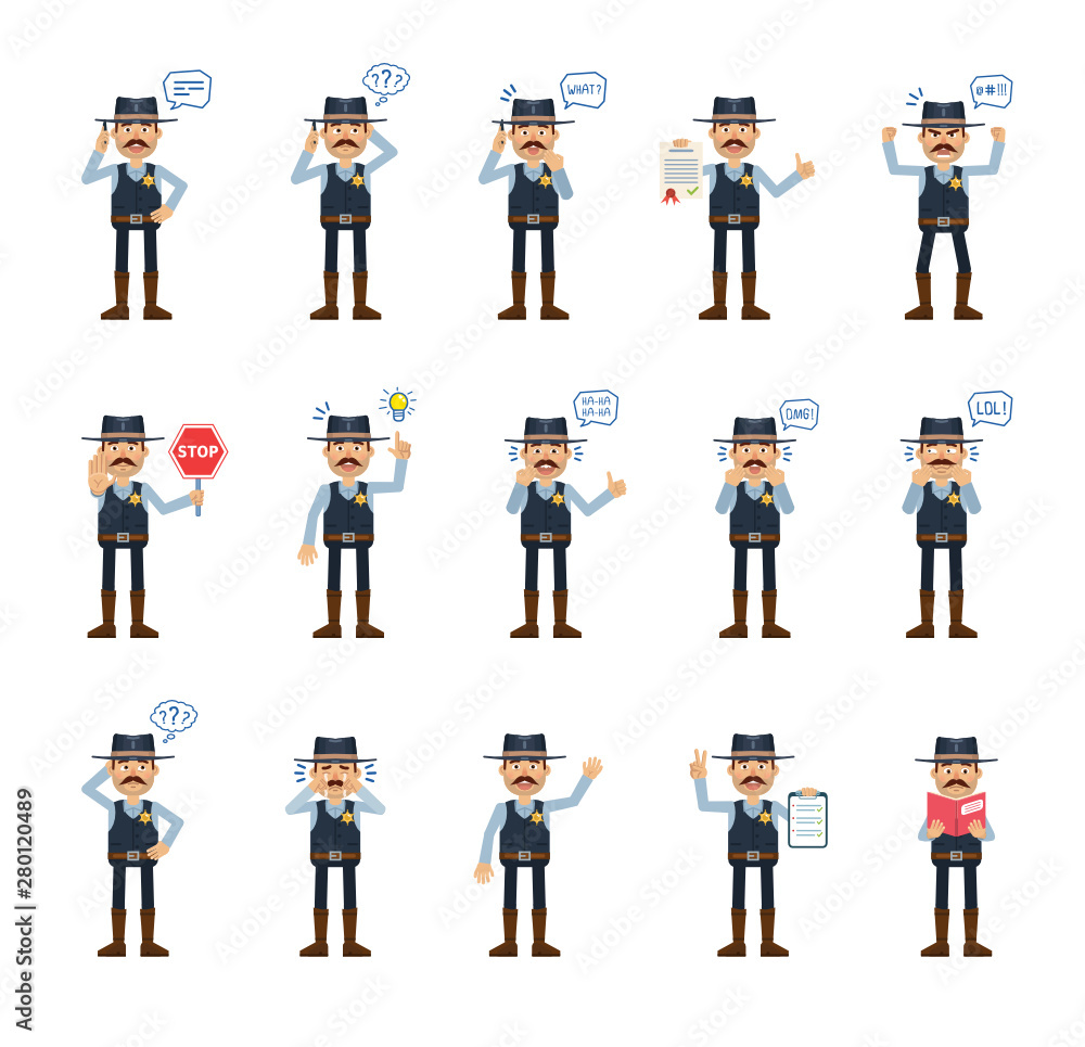 Big set of sheriff characters showing different actions, gestures, emotions. Cheerful cowboy talking on phone, angry, thinking, reading a book and doing other actions. Simple vector illustration Big set of sheriff characters showing different actions, gestures, emotions. Cheerful cowboy talking on phone, angry, thinking, reading a book and doing other actions. Simple vector illustration