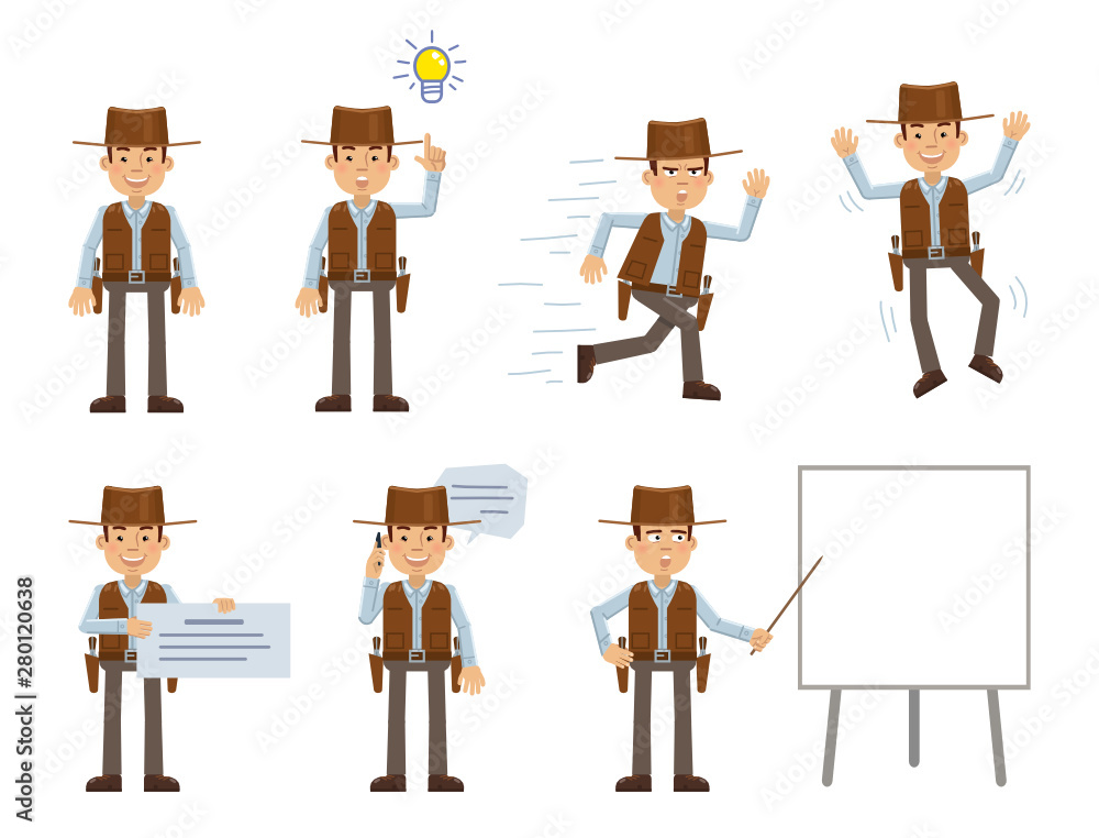Set of cowboy characters posing in different situations. Cheerful cowboy pointing up, running, jumping, talking on phone, holding banner, pointing to whiteboard. Flat style vector illustration