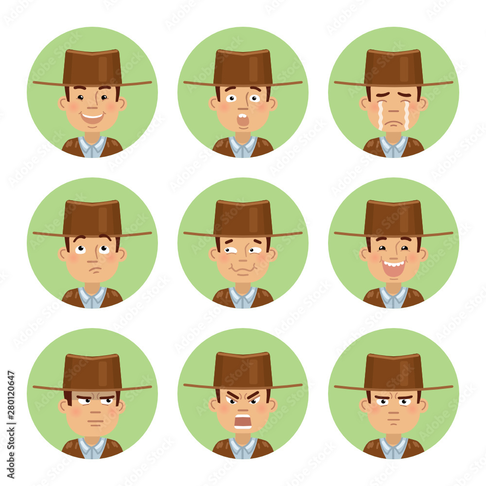 Set of cowboy emoticons. Man avatars showing different emotions. Happy, smile, sad, cry, angry, love, surprised, upset, laugh and other facial expressions. Flat style vector illustration Set of cowboy emoticons. Man avatars showing different emotions. Happy, smile, sad, cry, angry, love, surprised, upset, laugh and other facial expressions. Flat style vector illustration