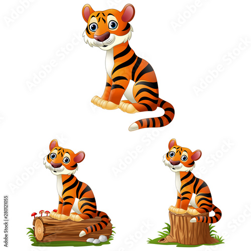 Fototapeta Naklejka Na Ścianę i Meble -  Cartoon tiger sitting on log