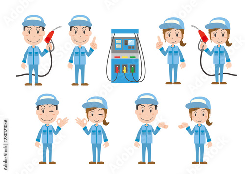 ガソリンスタンド　サービスステーション　給油　スタッフ　男性　女性　ポーズ