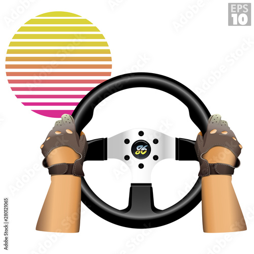 Bad boy driver holding retro steering wheel, wearing 80's style driving leather gloves, sunset in the background in the style of 1986 video games.