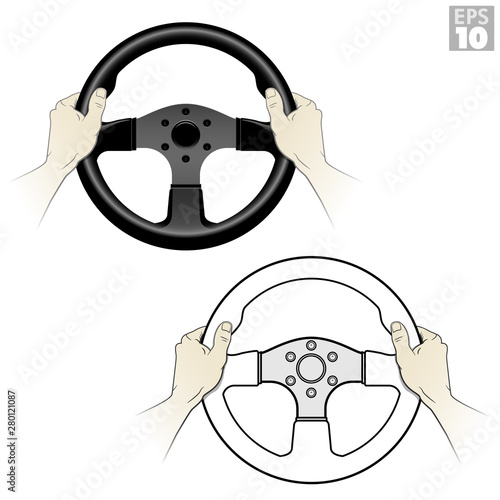 An automotive driver holding a racing steering wheel with proper thumb position for safe driving.