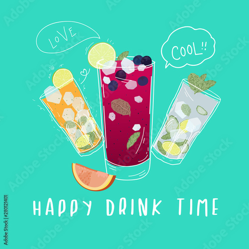 Collection of soft drinks ,healthy detox beverages, cocktails, smoothies with tasty fresh fruits, Banner with doodle style - Vector 
