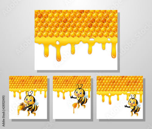 Cartoon bee with honeycomb collections set