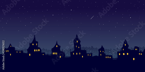 Vector illustration. Cartoon vintage town at night.