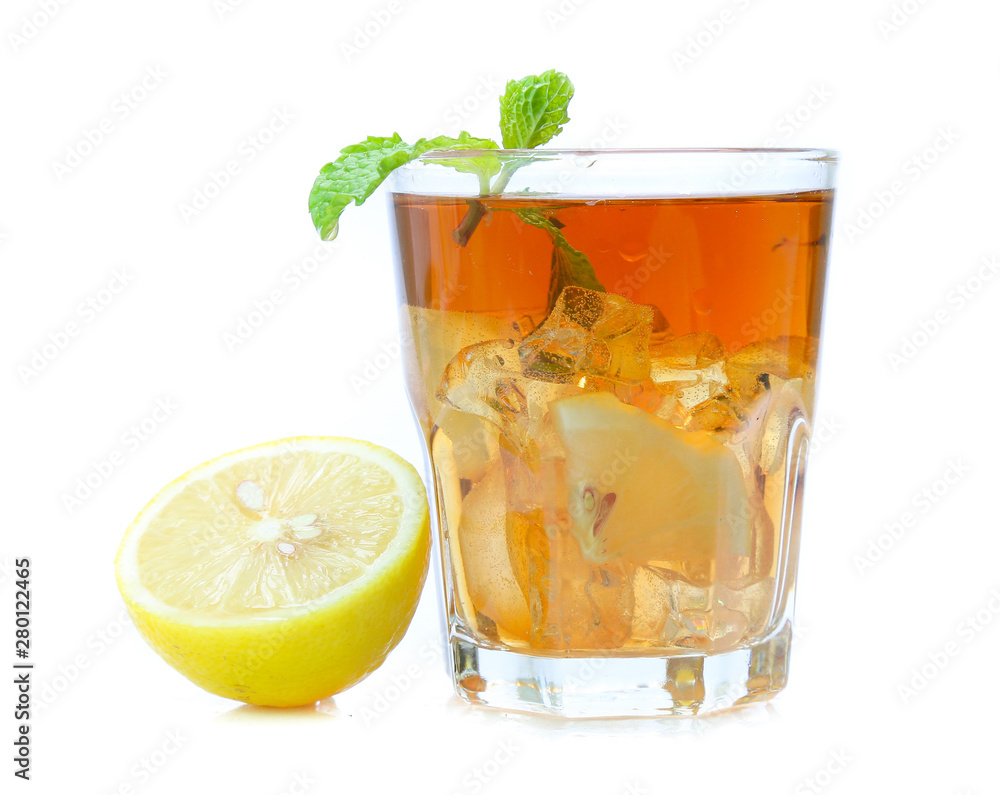 iced tea with lemon slices and mint on white background iced tea with lemon slices and mint on white background