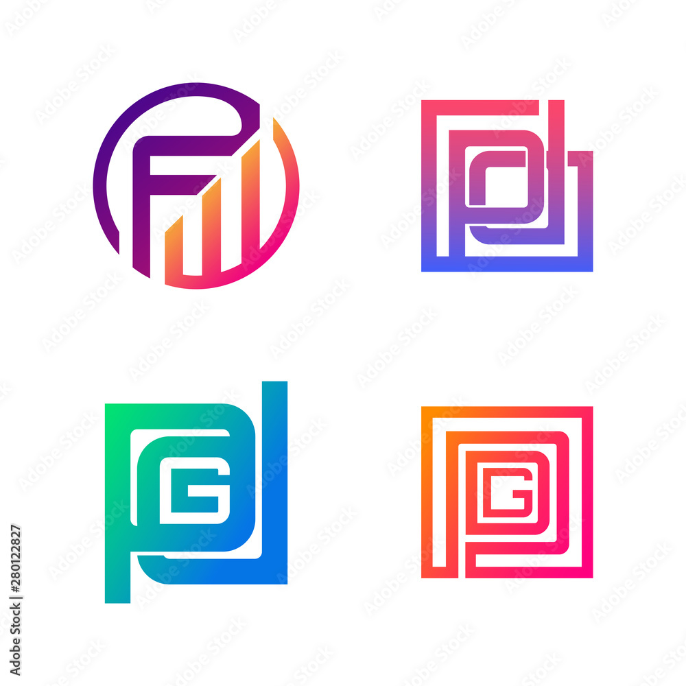 Set of initial FW, PD, PDG symbol for Business logo design template. Collection of Abstracts modern icons for organization Set of initial FW, PD, PDG symbol for Business logo design template. Collection of Abstracts modern icons for organization