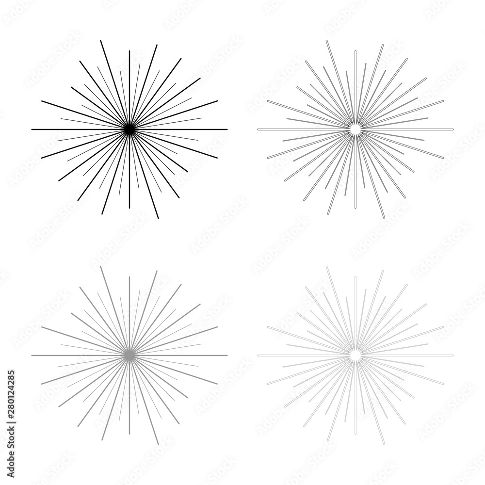 Fototapeta premium Sun rays Sunbeam concept icon outline set black grey color vector illustration flat style image