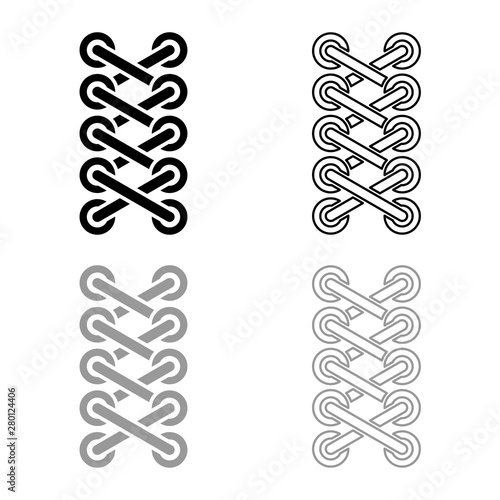 Shoelace of sneaker shoes Tying shoelaces Fastening rope Stitch concept Schemes of tying shoelaces Shoe lace icon outline set black grey color vector illustration flat style image