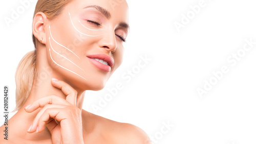 Photos Face-lifting concept. Woman portrait with an arrows on the face.