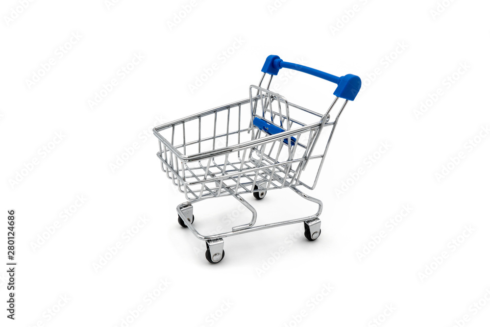 Blue handle small shopping cart trolley isolated on white background. Blue handle small shopping cart trolley isolated on white background.