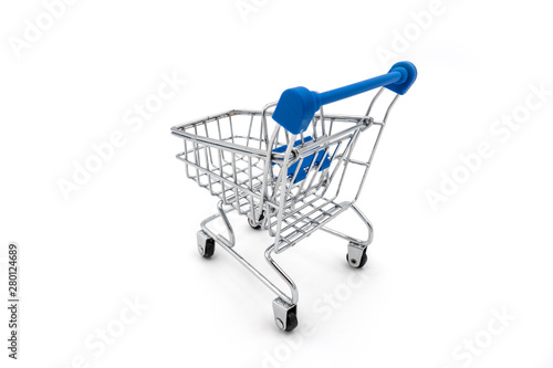Blue handle small shopping cart trolley isolated on white background.