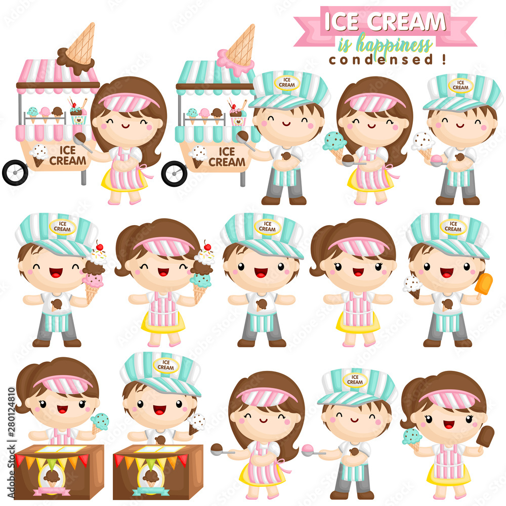 A Vector Set of Cute Boy and Girl as an Ice Cream Seller who is Happily Selling Various Ice Cream