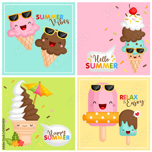 A Card Vector Set of Various Cute Ice Cream Icon Using Summer Accessories 