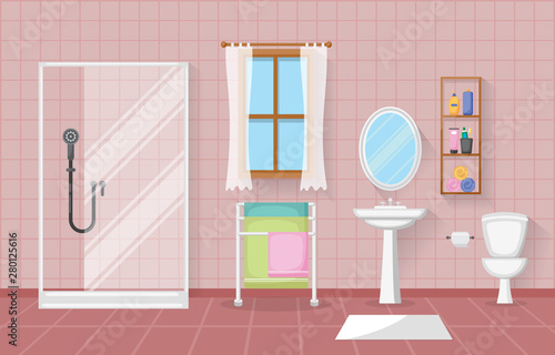 Classic Bathroom Interior Clean Room Wooden Accent Furniture Flat Design