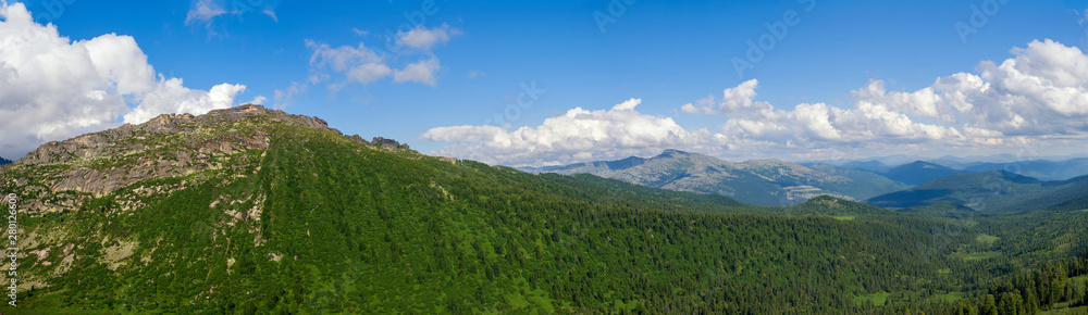 Panorama View of the peaks of the Ergaki mountain range. Siberian mountains Sayan