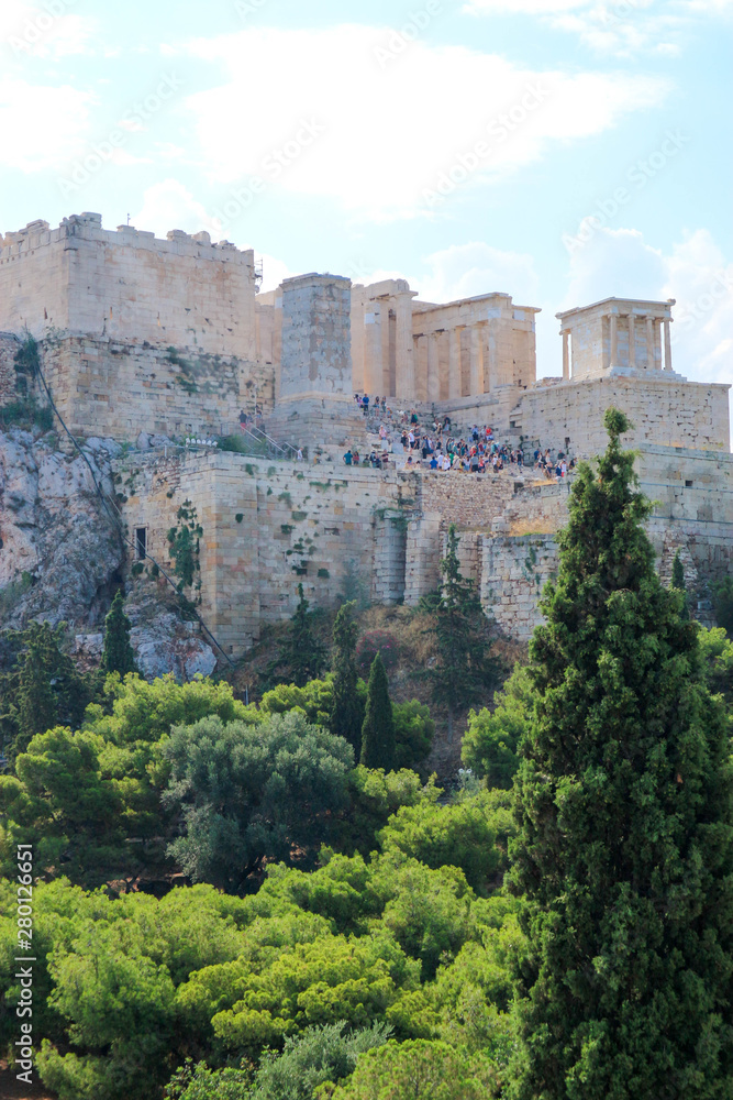 View to the entrance to Acropolis of Athens greece in warm summer day