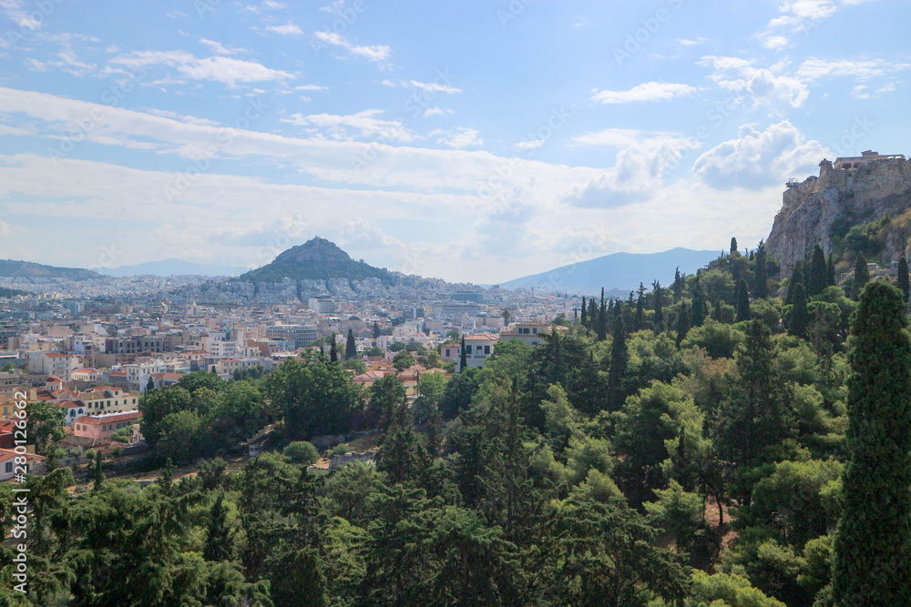 Amazing scenic aerial panorama of city Athens on the hills in Greece with ancient acropolis