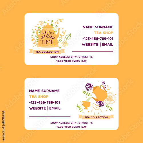 Herbal tea vector business card with teapot flowers and herbs. Design for herbal and green tea collection, drink menu, homeopathy, aromatherapy and health care teatime products.