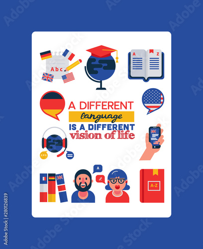 Learning foreign languages vector illustration with typography. Translation, cartoon character and dictionary, foreign language interpretation process. Mobile technology, foreign flags, globe