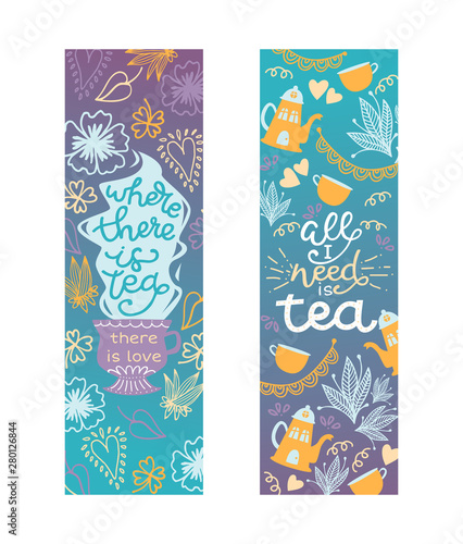 Tea calligraphy patterns, vector illustration. Hand drawn vintage print with hand lettering, teapots, cups of tea and lettering. Print on t-shirts and bags, stationary or as a poster